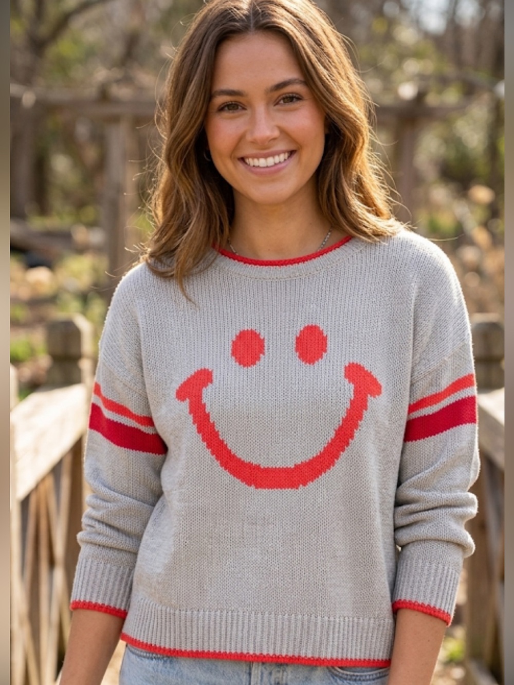 NATURAL LIFE Light Gray Smiley Face Sweater Medium -Boho Striped Knit